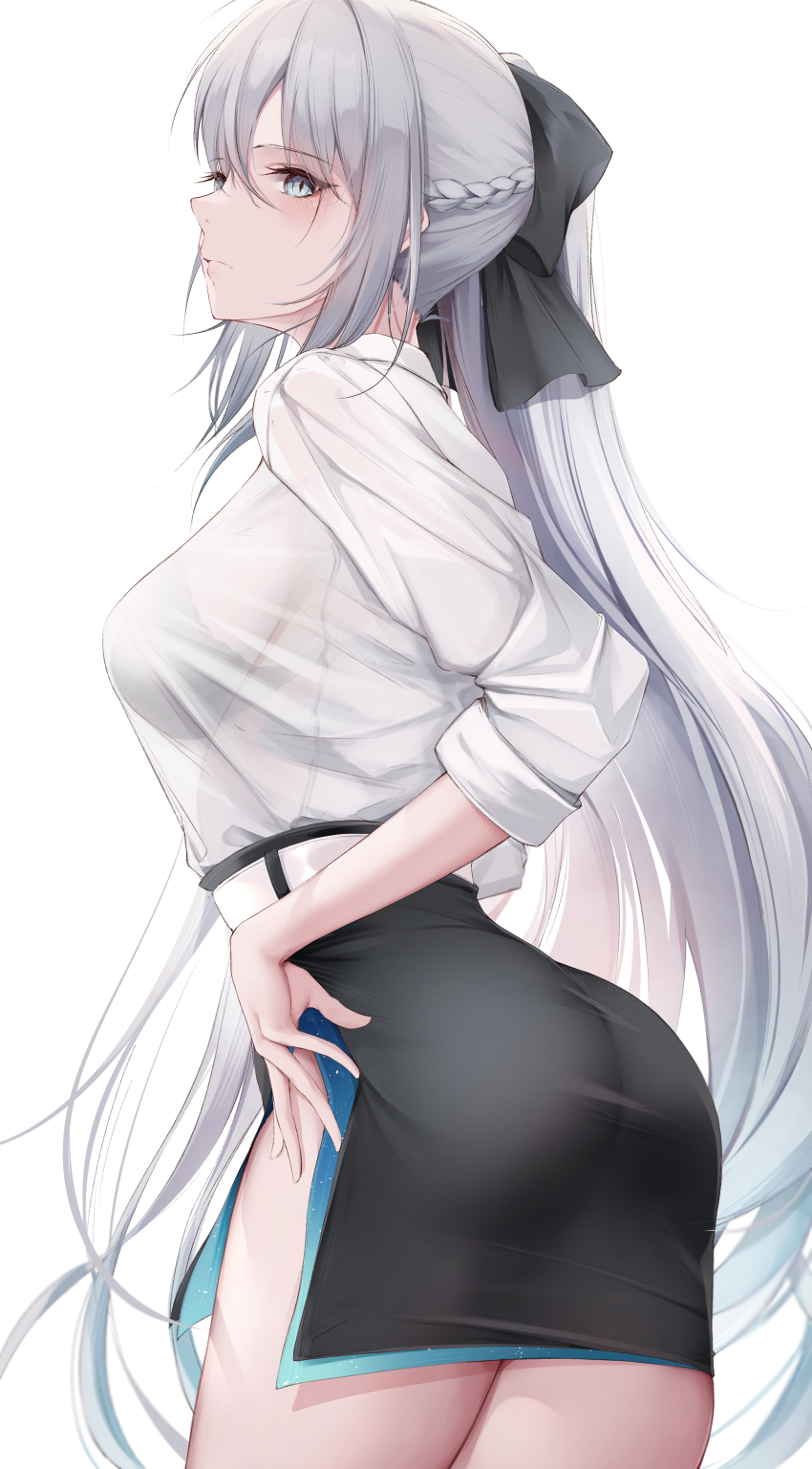 1girl, absurdres, ass, black_bow, black_bra, black_skirt, blouse, blue_eyes