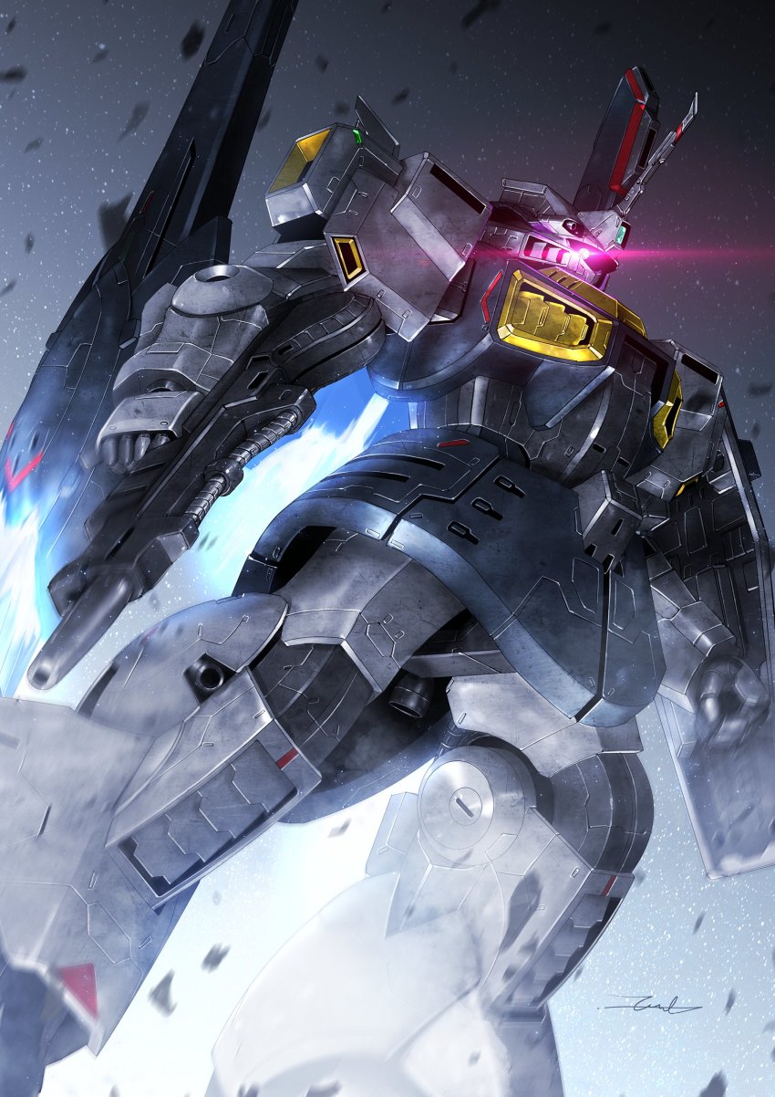 absurdres, flying, glowing, glowing_eye, gun, gundam, highres, holding, holding_gun, holding_weapon, mecha, mobile_suit, moon_gundam, one-eyed, pink_eyes, rick_dijeh_kai, robot, science_fiction, solo, taka-f, thrusters, weapon