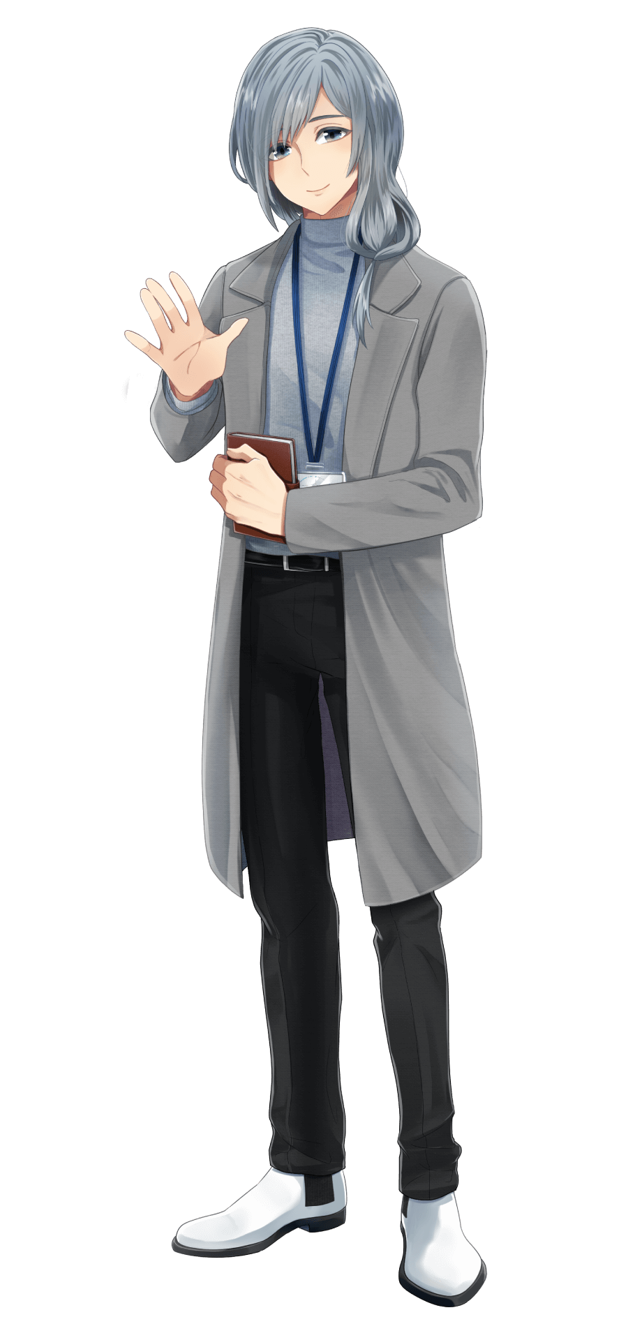 1boy, androgynous, blue_eyes, book, formal_clothes, full_body, haruno_minato, highres, idol_show_time, lanyard, long_sleeves, looking_at_viewer, male_focus, official_art, pants, shoes, silver_hair, solo, sumeragi_kohaku, transparent_background, waving, white_background