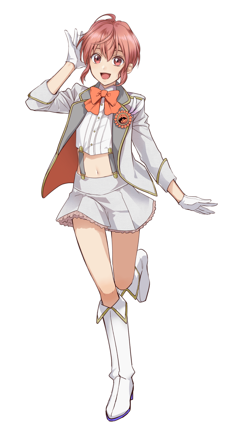 1boy, androgynous, boots, crossdressing, crossdressing_(mtf), full_body, gloves, highres, idol_clothes, idol_show_time, long_sleeves, looking_at_viewer, magoshi_toa, male_focus, official_art, pink_eyes, pink_hair, short_hair, skirt, solo, transparent_background, trap, tsukasa_satsuki, white_background
