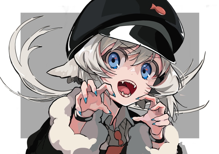 1girl, animal_ears, black_headwear, black_jacket, blue_eyes, bracelet, claw_pose, collared_shirt
