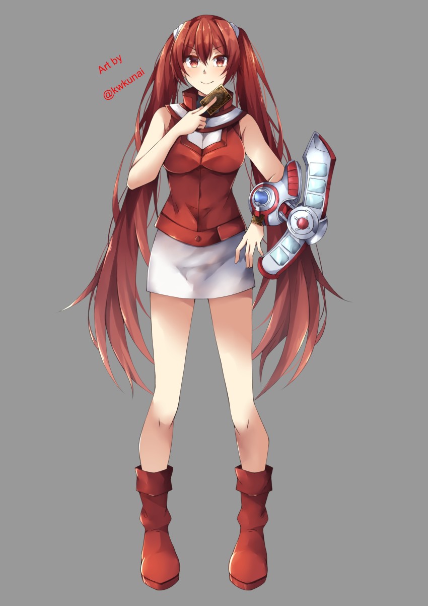 1girl, absurdres, commission, duel_academy_uniform_(yu-gi-oh!_gx), duel_disk, duel_monster, fire_emblem, fire_emblem_awakening, highres, kwkuni, nintendo, red_eyes, red_hair, severa_(fire_emblem), skirt, sleeveless, sleeveless_jacket, slifer_red_uniform, twintails, yu-gi-oh!, yu-gi-oh!_gx