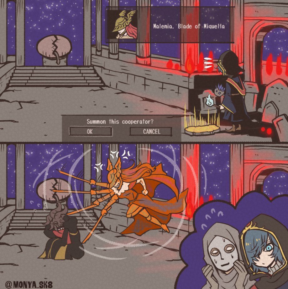 2boys, 2girls, armor, blade, blue_eyes, blue_hair, cape, chibi, closed_mouth, covered_eyes, dress, elden_ring, fighting, helmet, hood, horns, long_hair, malenia_blade_of_miquella, mask, mechanical_arms, mikey, miquella_(elden_ring), mohg_lord_of_blood, multiple_boys, multiple_girls, night, prosthesis, prosthetic_arm, red_cape, red_hair, simple_background, single_mechanical_arm, sword, tarnished_(elden_ring), very_long_hair, weapon, white-faced_varre, winged_helmet