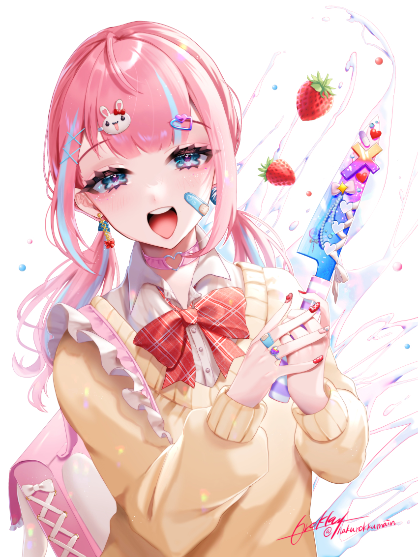 1girl, :d, absurdres, bag, bandaid, bandaid_on_face, bandaid_on_hand, blue_eyes