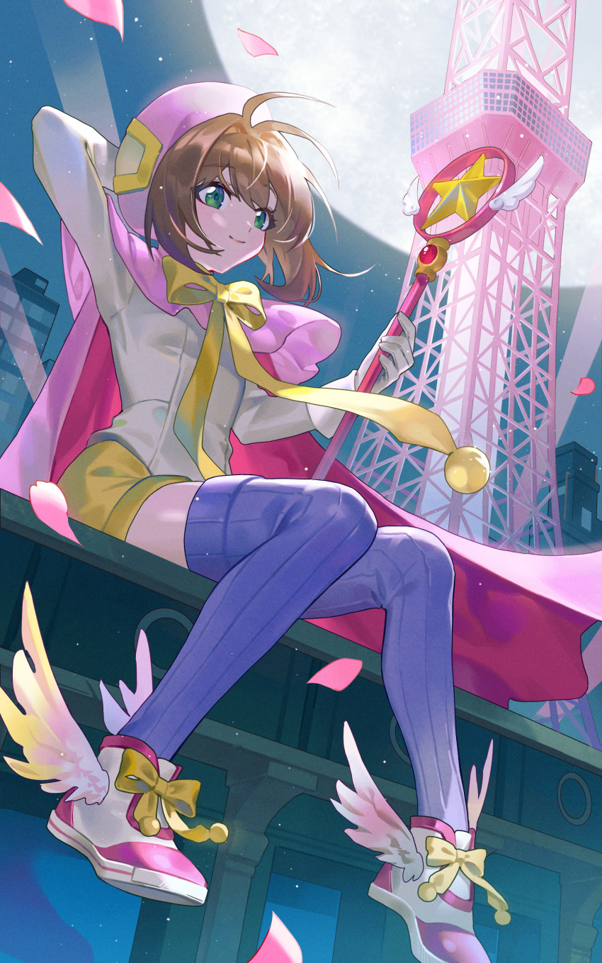 1girl, absurdres, antenna_hair, blouse, blue_thighhighs, brown_hair, cardcaptor_sakura, child, green_eyes, hat, highres, jyuma, kinomoto_sakura, kinomoto_sakura_(dream_sakura), pink_hat, shirt, short_hair, solo, star_(sky), thighhighs, white_shirt