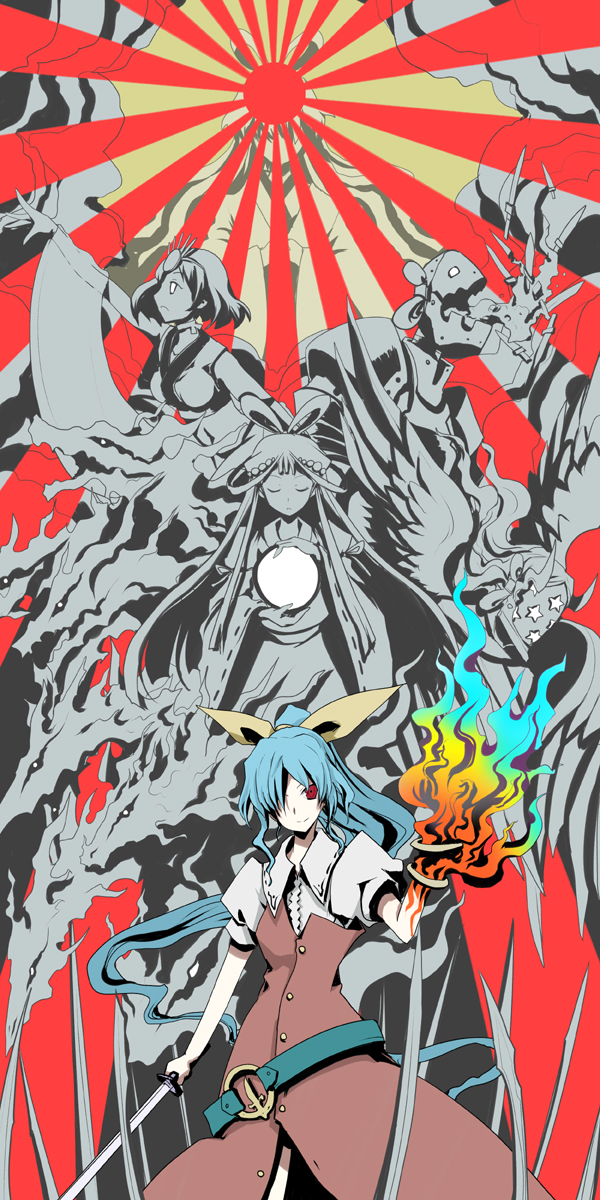 1girl, amaterasu_(mythology), amatsu_mikaboshi, ame_no_uzume, belt, bow, bracelet, female_focus