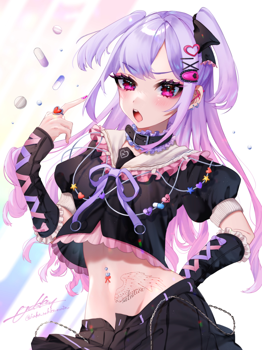 >_o, 1girl, absurdres, aegyo_sal, angry, animal_collar, bead_necklace, beads, blush, chain_belt, charm_(object), collar, crop_top, cross-laced_clothes, cross-laced_gloves, dress, earrings, elbow_gloves, frilled_collar, frilled_gloves, frills, gloves, gradient_hair, hair_ornament, hair_ribbon, hairclip, hakurokku, hand_on_own_hip, highres, jewelry, long_hair, looking_at_viewer, miniskirt, multicolored_hair, multiple_earrings, narrowed_eyes, navel, navel_piercing, neck_ribbon, necklace, o-ring, one_eye_closed, open_clothes, original, piercing, pill, pink_eyes, pink_hair, pleated_skirt, pointing, pointing_at_self, puffy_short_sleeves, puffy_sleeves, purple_dress, ribbon, ring, sailor_collar, short_sleeves, short_twintails, signature, skirt, solo, stomach_tattoo, tattoo, twintails, two-tone_hair, unbuttoned_skirt, v-shaped_eyebrows, wavy_eyes, wing_tattoo, yami_kawaii