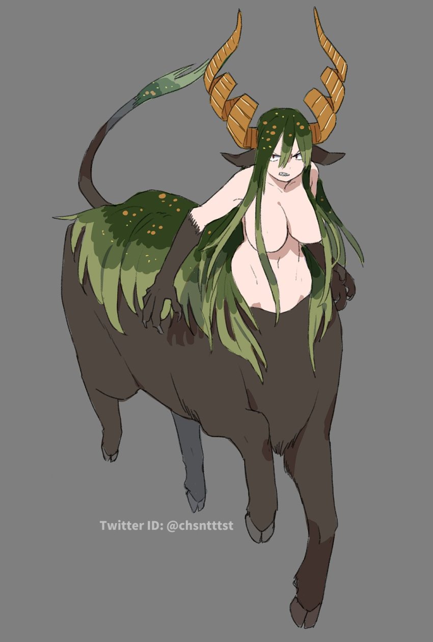 1girl, angry, animal_ears, centauroid, completely_nude, curled_horns, fingernails, full_body, green_hair, grey_background, hair_between_eyes, highres, hooves, horns, kizuta_(barometz), long_hair, long_horns, looking_at_viewer, monster_girl, nude, original, red_eyes, running, sharp_fingernails, sharp_teeth, solo, spiral_horn, tail, taur, teeth