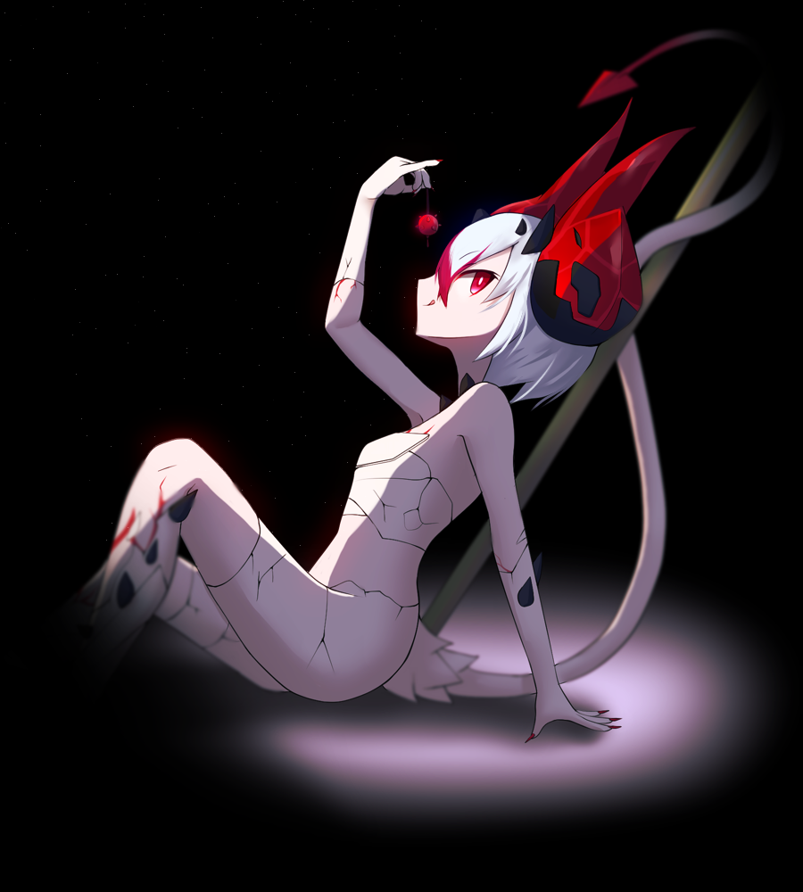 1girl, :p, afushiru_wa_kugi, bare_shoulders, black_background, candy, demon_girl, demon_horns, demon_tail, dragalia_lost, food, from_side, holding, holding_candy, holding_food, horns, lilith_(dragalia_lost), multicolored_hair, red_eyes, short_hair, sitting, solo, streaked_hair, tail, tongue, tongue_out, white_hair