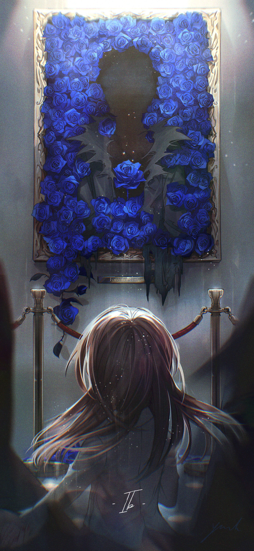 1girl, absurdres, artist_name, blue_flower, blue_rose, check_commentary, coat, commentary