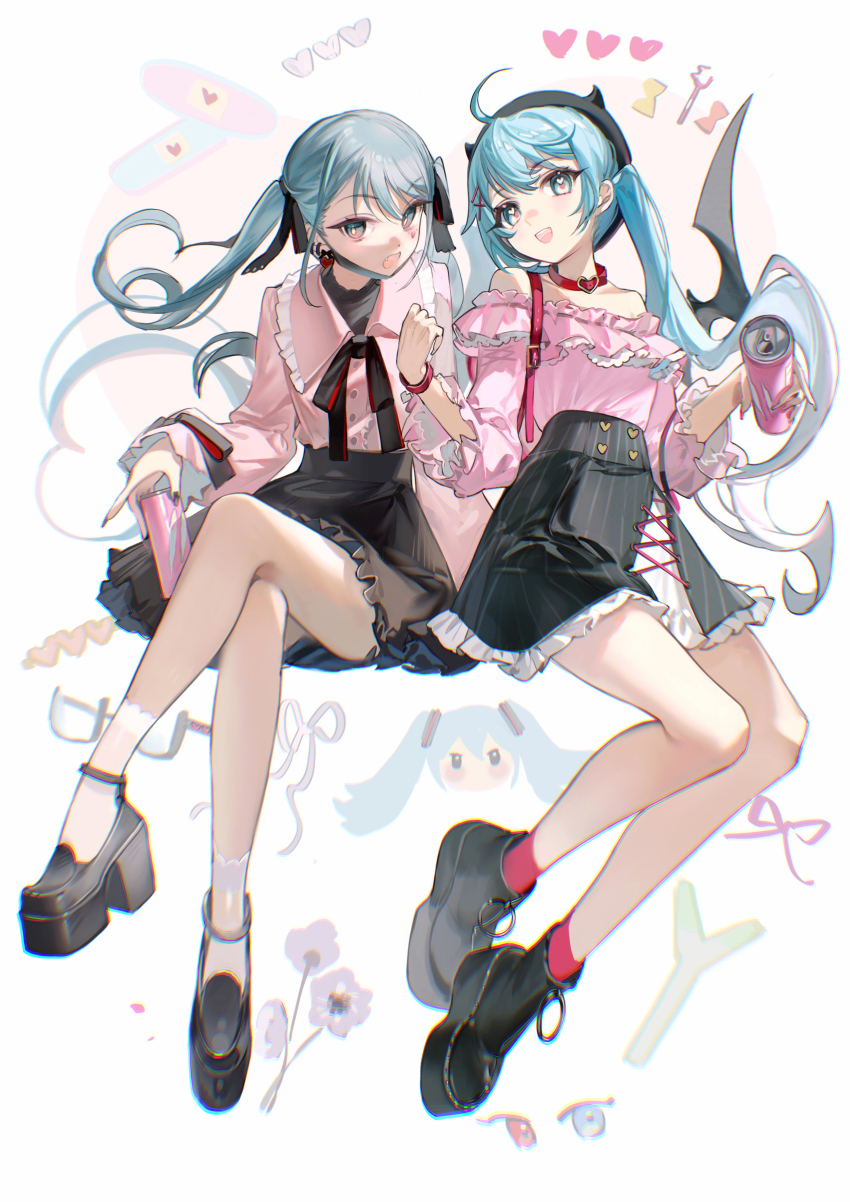 2girls, absurdres, ahoge, bare_legs, black_footwear, black_headwear, black_ribbon, black_skirt, blouse, blue_eyes, blue_hair, bracelet, can, chromatic_aberration, collared_shirt, commentary, commentary_request, creator_connection, dual_persona, english_commentary, fingernails, full_body, glasses, hatsune_miku, heart, heart-shaped_pupils, highres, holding, holding_can, jewelry, jirai_kei, kesaran_pasaran_(vocaloid), long_fingernails, long_hair, long_sleeves, looking_at_viewer, mask_pull, mixed-language_commentary, multiple_girls, neck_ribbon, off-shoulder_shirt, off_shoulder, open_mouth, pink_legwear, pink_shirt, platform_footwear, ribbon, rumoon, shirt, shoes, simple_background, skirt, smile, sneakers, socks, symbol-shaped_pupils, twintails, unworn_eyewear, vampire_(vocaloid), vocaloid, white_background, white_legwear