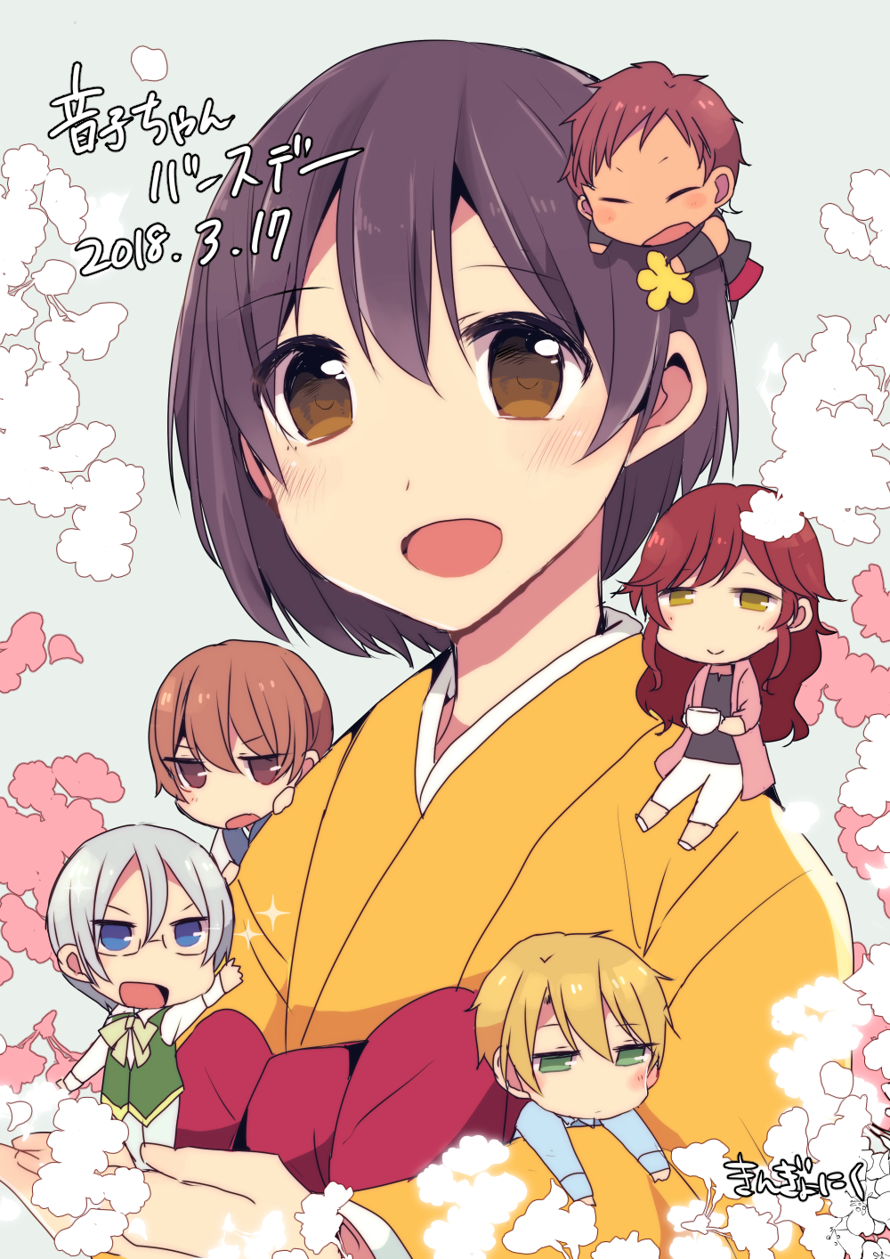 1girl, 5boys, black_hair, blonde_hair, blue_shirt, brown_eyes, dark-skinned_male, dark_skin