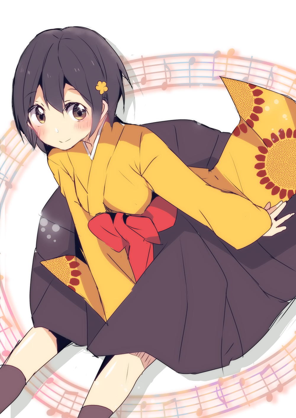 1girl, black_hair, black_skirt, blush, breasts, flower, fuurin_kingyou, hair_flower, hair_ornament, highres, japanese_clothes, kimono, looking_to_the_side, medium_breasts, miyabi_neko, musical_note, sakura_taisen, sakura_taisen:_kanade-gumi, short_hair, sitting, skirt, smile, solo, musical_staff, yellow_flower, yellow_kimono