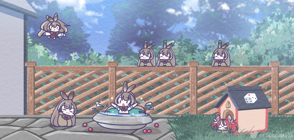 6+girls, :3, animal_ear_fluff, animal_ears, bird_bath, black_hair, blunt_bangs, bow, brown_bow, brown_eyes, cheese, chibi, closed_eyes, closed_mouth, commentary, dice, ear_ornament, english_commentary, feather_hair_ornament, feathers, fence, flying, food, forehead, grass, hair_ornament, hakos_baelz, hololive, hololive_english, house, monja_(monja0521), mouse_ears, mouse_girl, multicolored_hair, multiple_girls, nanashi_mumei, nanashi_mumei_(1st_costume), open_mouth, outdoors, owl_girl, red_hair, sky, sleeping, splashing, teeth, tree, upper_teeth_only, virtual_youtuber, white_hair