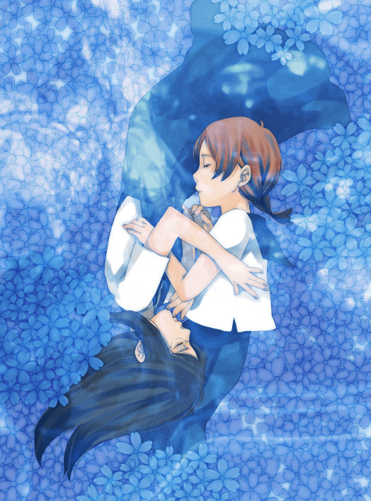 00s, 2girls, aoi_hana, bad_id, bad_pixiv_id, blue_theme, braid, brown_hair