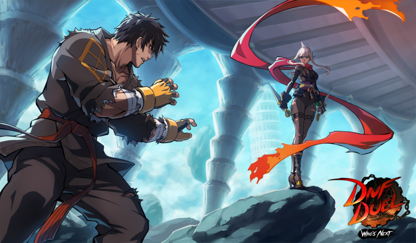 1boy, 1girl, artist_request, black_hair, breasts, collarbone, dagger, dark-skinned_female