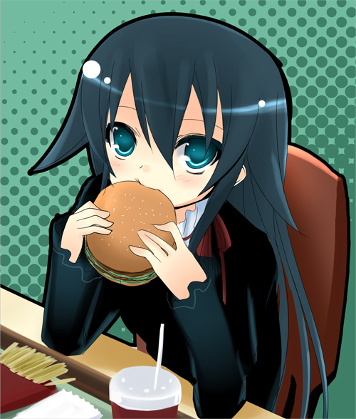 00s, 1girl, black_hair, blue_eyes, blue_hair, blush, burger, chair