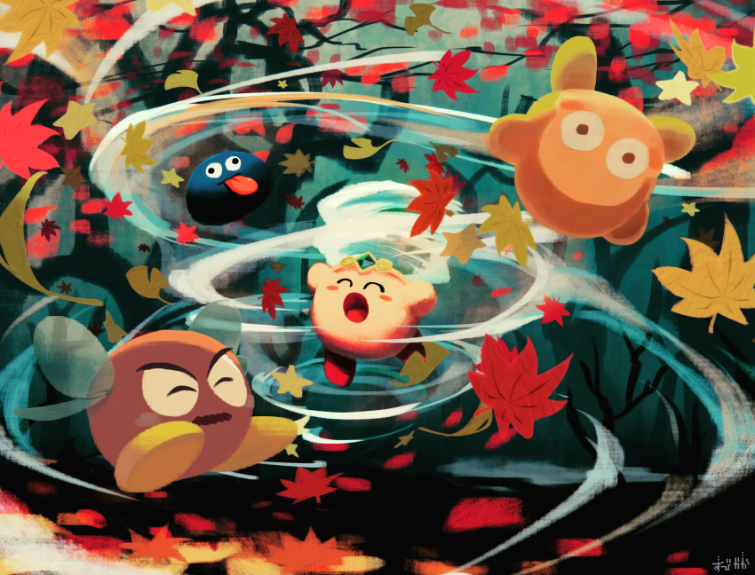 bronto_burt, closed_eyes, flying, forest, gooey_(kirby), highres, kirby, kirby_(series)