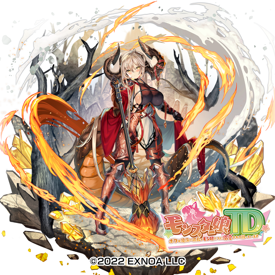 1girl, 2022, armor, armored_boots, bare_tree, black_bodysuit, black_pantyhose, bodysuit, boots, boulder, breasts, chest_strap, cloak, closed_mouth, commentary_request, company_name, copyright_name, crack, crystal, debris, dragon_girl, dragon_horns, dragon_tail, dust_cloud, elbow_gloves, faulds, fire, fuepo, full_body, gloves, hair_between_eyes, halterneck, hand_up, head_tilt, holding, holding_cloth, holding_weapon, horn_ornament, horns, large_breasts, large_tail, legs_apart, light_brown_hair, logo, long_hair, looking_at_viewer, mace, monster_musume_td, multiple_horns, official_art, pantyhose, pelvic_curtain, pigeon-toed, planted, red_cloak, red_ribbon, ribbon, rock, selen_(monmusu_td), sideboob, solo, standing, tail, tassel, tree, vambraces, very_long_hair, weapon, white_background, yellow_eyes