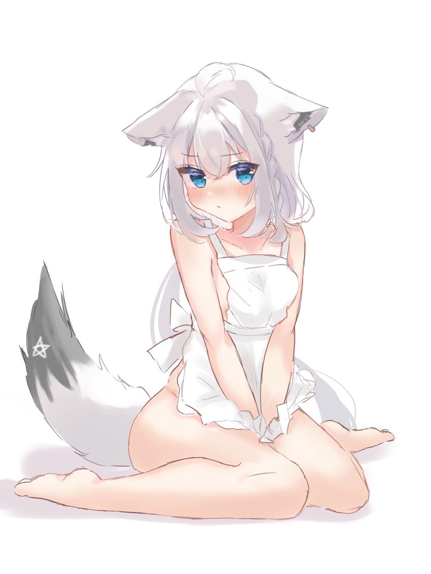 1girl, ahoge, animal_ear_fluff, animal_ears, ao_kotoha, apron, between_legs, blush, braid, breasts, commentary_request, earrings, ears_down, fox_ears, fox_girl, fox_tail, green_eyes, hair_between_eyes, hand_between_legs, highres, hololive, jewelry, long_hair, looking_at_viewer, naked_apron, pentagram, shirakami_fubuki, sidelocks, simple_background, single_braid, sitting, small_breasts, solo, tail, virtual_youtuber, wariza, white_background, white_hair