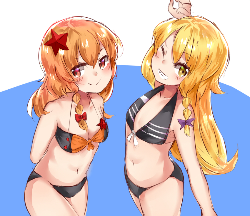 2girls, azusa_(cookie), bikini, black_bikini, blonde_hair, blue_background, blush, bow