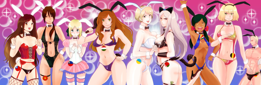 1boy, 6+girls, abs, animal_ears, ass, axis_powers_hetalia, bad_id, bad_pixiv_id, belarus_(hetalia), belgium_(hetalia), bikini, black_bow, black_bowtie, black_male_swimwear, black_swim_briefs, blue_eyes, bow, bowtie, breast_press, breasts, brown_eyes, brown_hair, cat_ears, cat_tail, chippendales, cleavage, corset, detached_collar, dress, fake_animal_ears, fishnet_thighhighs, fishnets, frying_pan, garter_belt, germany_(hetalia), green_eyes, hair_ribbon, high_heels, highres, hungary_(hetalia), large_breasts, latex, liechtenstein_(hetalia), lingerie, long_hair, long_image, male_playboy_bunny, male_swimwear, money, multiple_girls, muto25, navel, orange_eyes, panties, playboy_bunny, ponytail, rabbit_ears, rabbit_tail, ribbon, seychelles_(hetalia), shoes, short_hair, short_twintails, slingshot_swimsuit, swim_briefs, swimsuit, symmetrical_docking, tail, taiwan_(hetalia), thighhighs, thighs, thong, thong_bikini, topless_male, tucked_money, twintails, ukraine_(hetalia), underwear, vietnam_(hetalia), white_hair, wide_image, wing_collar, wrist_cuffs