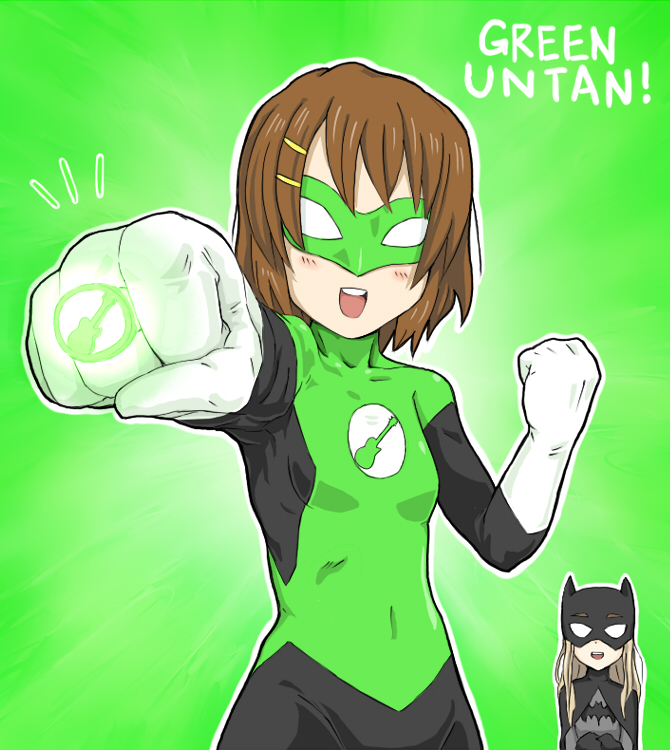 2girls, baragon, batman, batman_(cosplay), batman_(series), blonde_hair, bodysuit, brown_hair, cape, cosplay, crossover, dc_comics, domino_mask, eye_mask, gloves, green_lantern, green_lantern_(cosplay), green_lantern_(series), hirasawa_yui, jewelry, k-on!, kotobuki_tsumugi, latex, long_hair, mask, multiple_girls, parody, pun, ring, short_hair, white_gloves