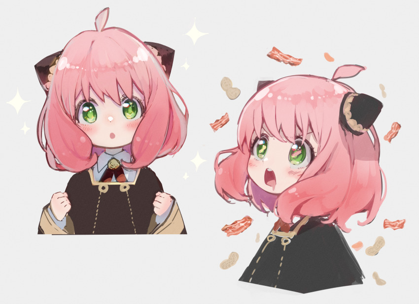 1girl, :o, absurdres, ahoge, anya_(spy_x_family), bacon, blush, child