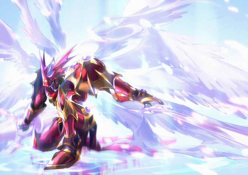 1boy, absurdres, armor, digimon, dukemon, dukemon_crimson_mode, energy_lance, energy_sword