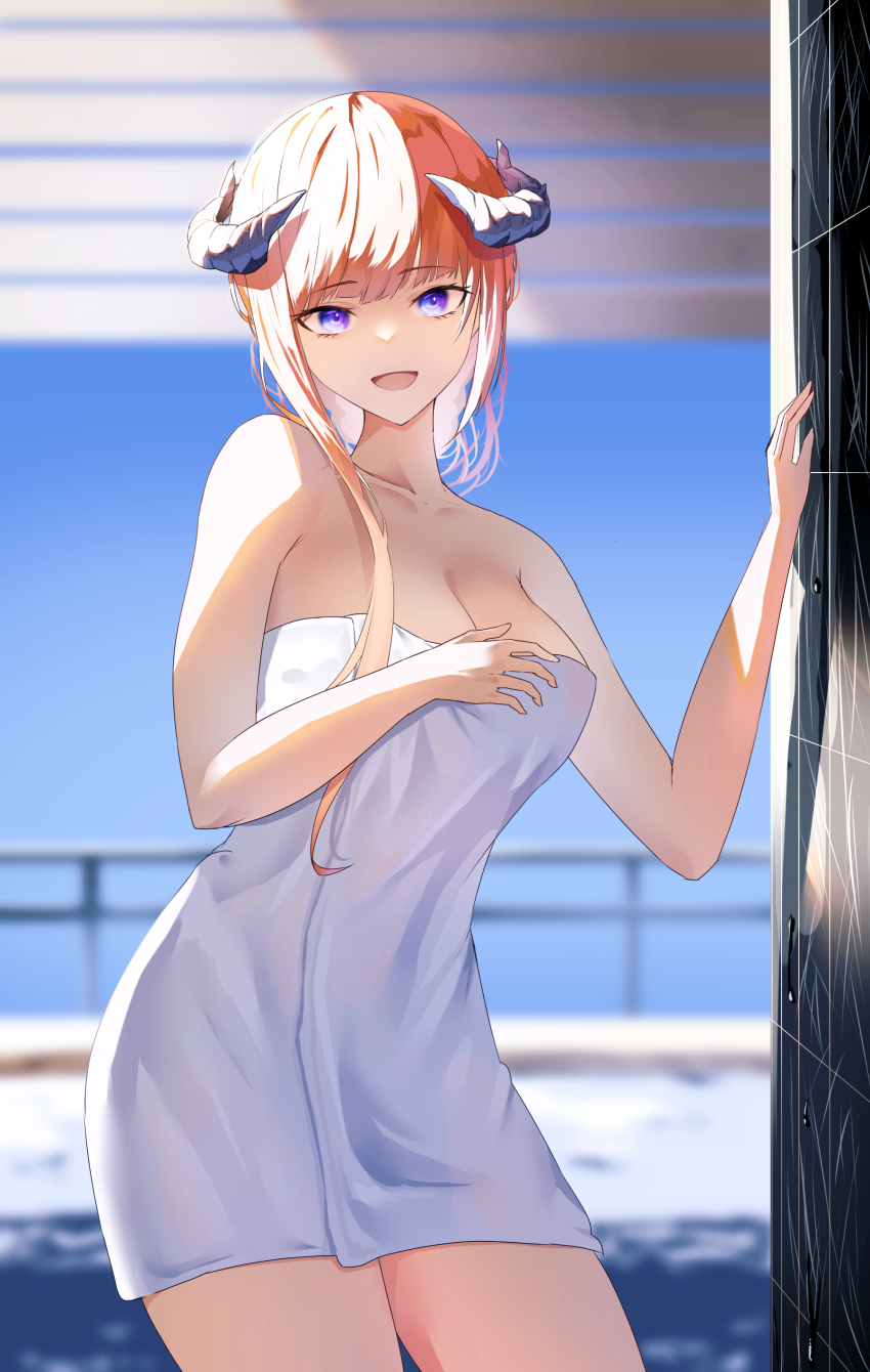 1girl, :d, absurdres, against_wall, alternate_hair_length, alternate_hairstyle, arknights, bagpipe_(arknights)