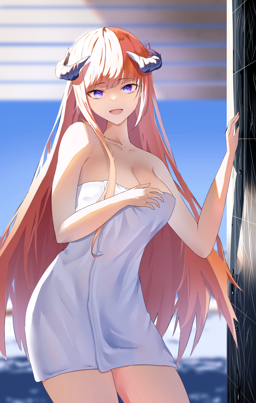 1girl, :d, absurdres, against_wall, arknights, bagpipe_(arknights), bare_arms, bare_shoulders