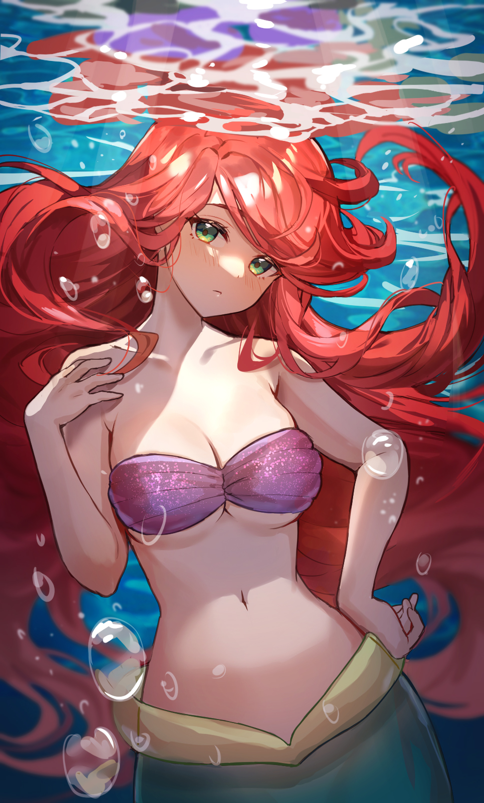 1girl, air_bubble, ariel_(disney), bare_arms, bare_shoulders, bikini, bikini_top_only, blush