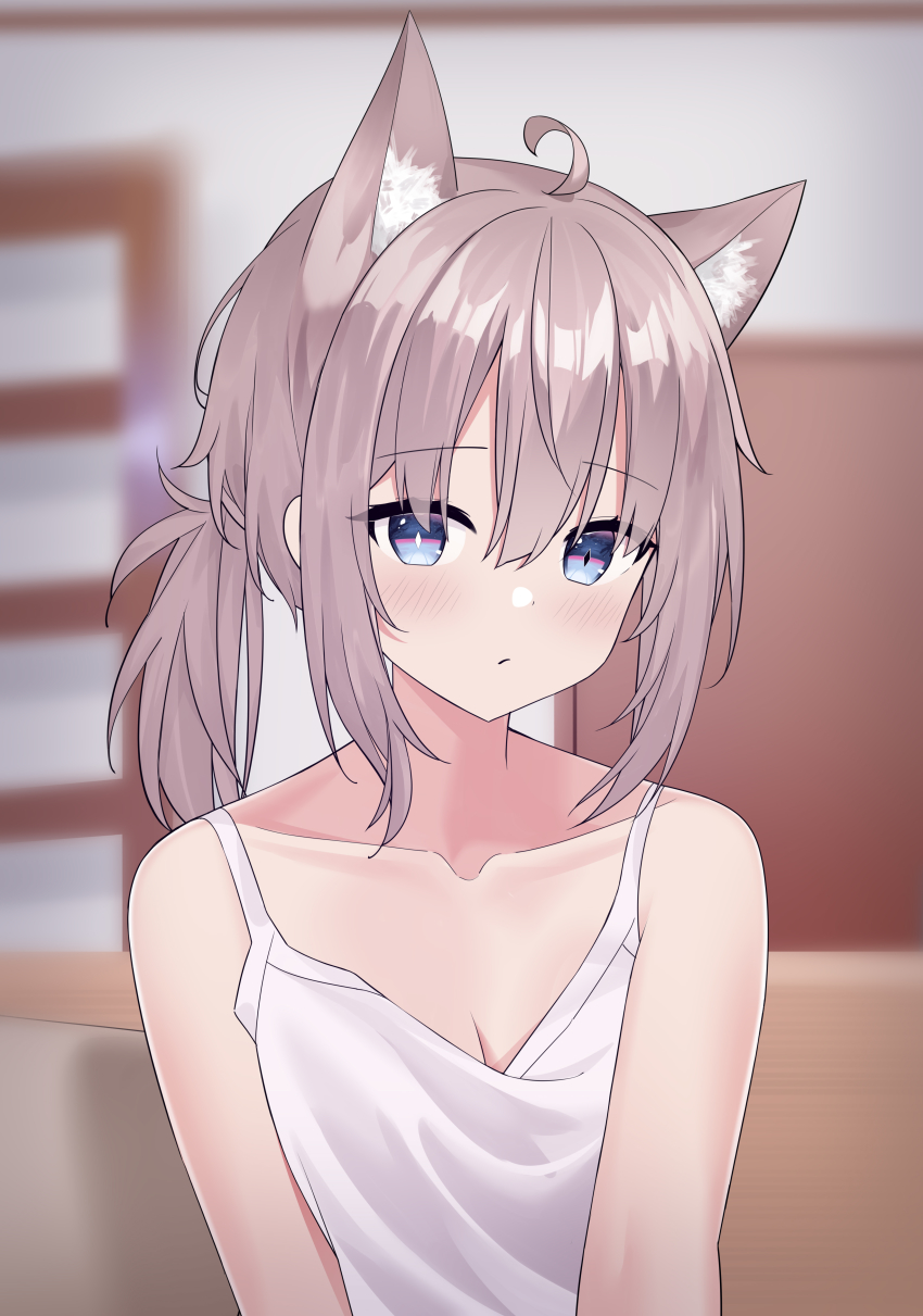 1girl, absurdres, ahoge, animal_ears, bare_shoulders, blue_archive, blue_eyes, blurry