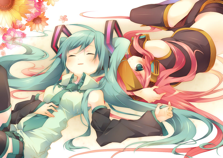 2girls, aqua_eyes, aqua_hair, bad_id, bad_pixiv_id, closed_eyes, detached_sleeves, flower