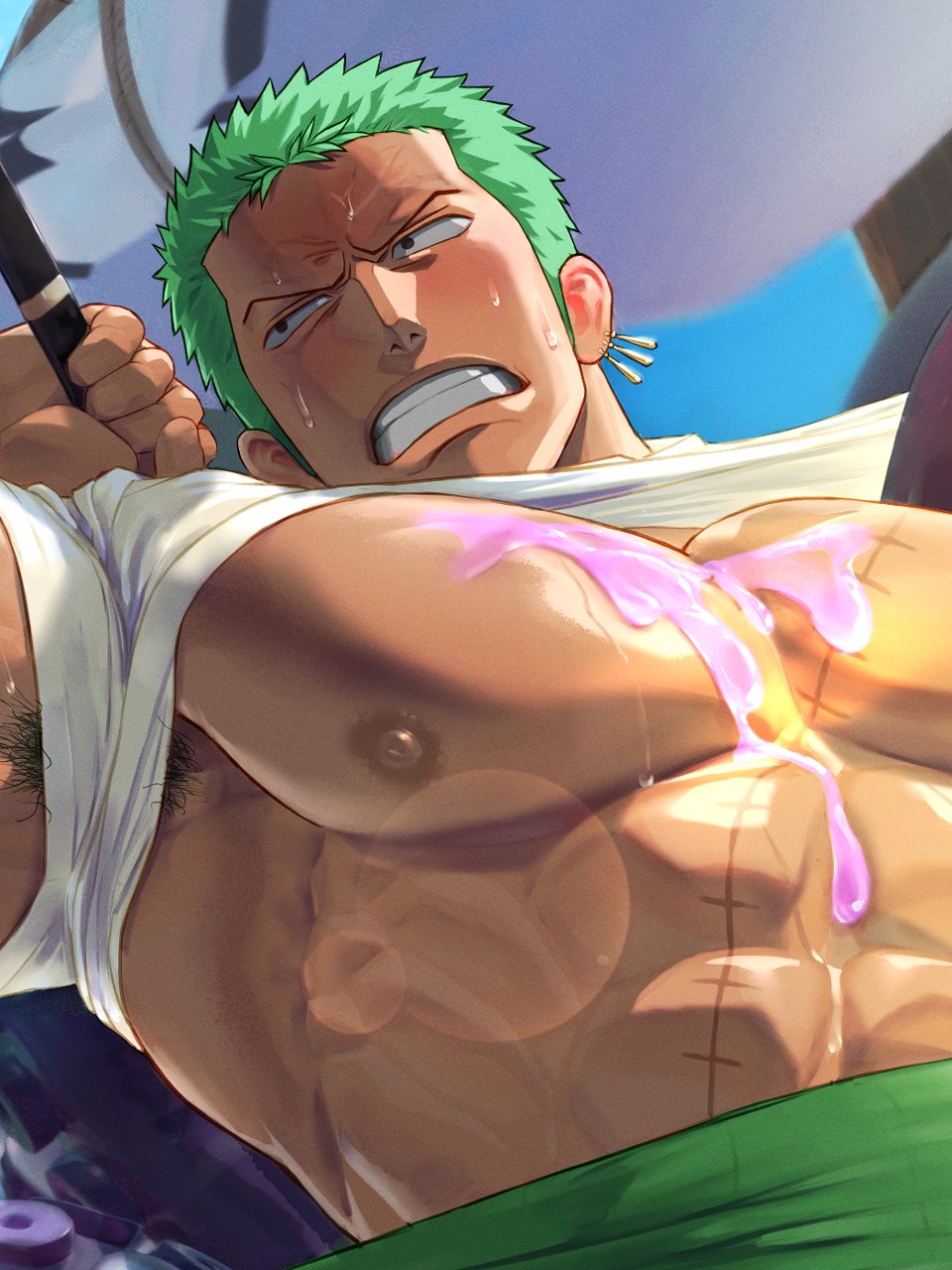 1boy, alternate_pectoral_size, anger_vein, armpit_hair, armpit_peek, bara, bare_shoulders, clenched_teeth, clothes_lift, cropped, food_on_body, food_on_pectorals, fumio_(snnmfmw), green_hair, highres, large_pectorals, long_sideburns, looking_to_the_side, male_focus, midriff_sarashi, muscular, muscular_male, nipples, nude, one_piece, pectorals, roronoa_zoro, sarashi, scar, scar_across_eye, scar_on_face, shirt_lift, short_hair, sideburns, solo, stitches, sweat, teeth, upper_body
