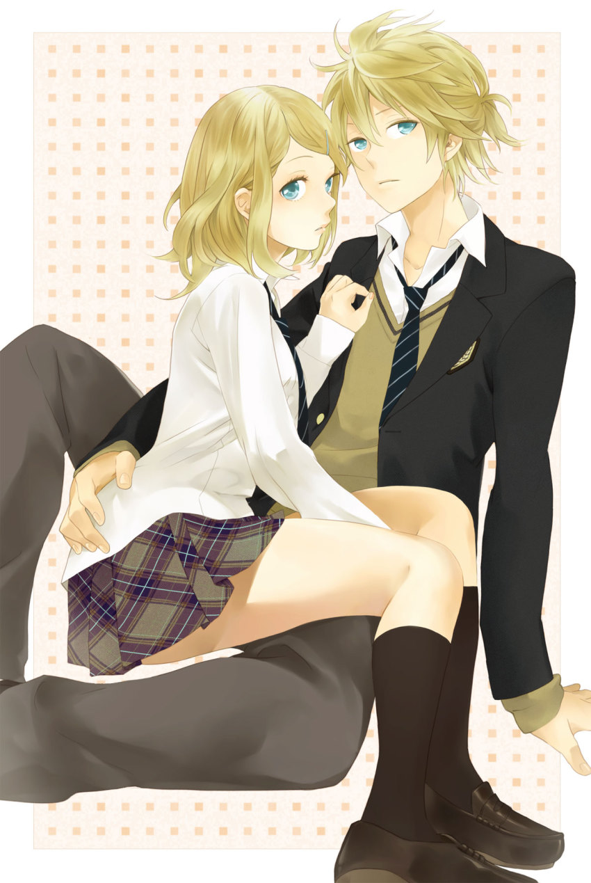 1boy, 1girl, aqua_eyes, bad_id, bad_pixiv_id, black_legwear, black_necktie, blazer