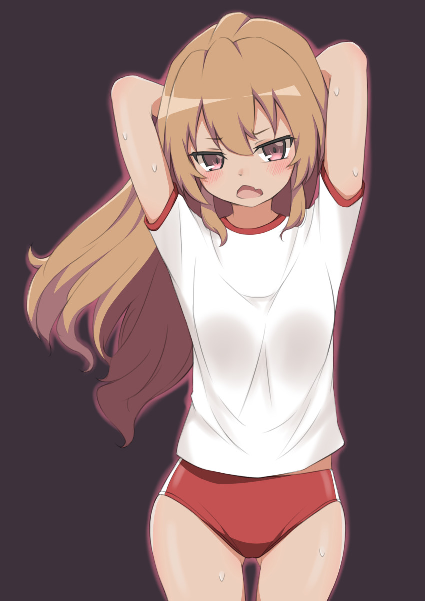 1girl, absurdres, aisaka_taiga, arms_behind_head, arms_up, blush, brown_background, brown_eyes
