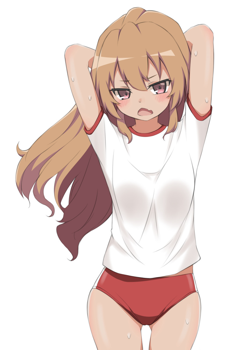 1girl, absurdres, aisaka_taiga, arms_behind_head, arms_up, blush, brown_background, brown_eyes