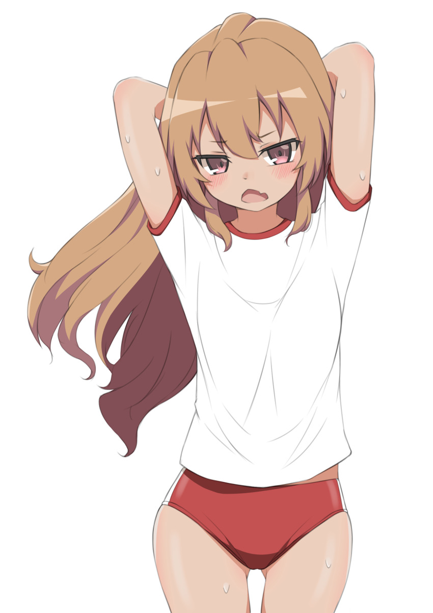 1girl, absurdres, aisaka_taiga, arms_behind_head, arms_up, blush, brown_background, brown_eyes