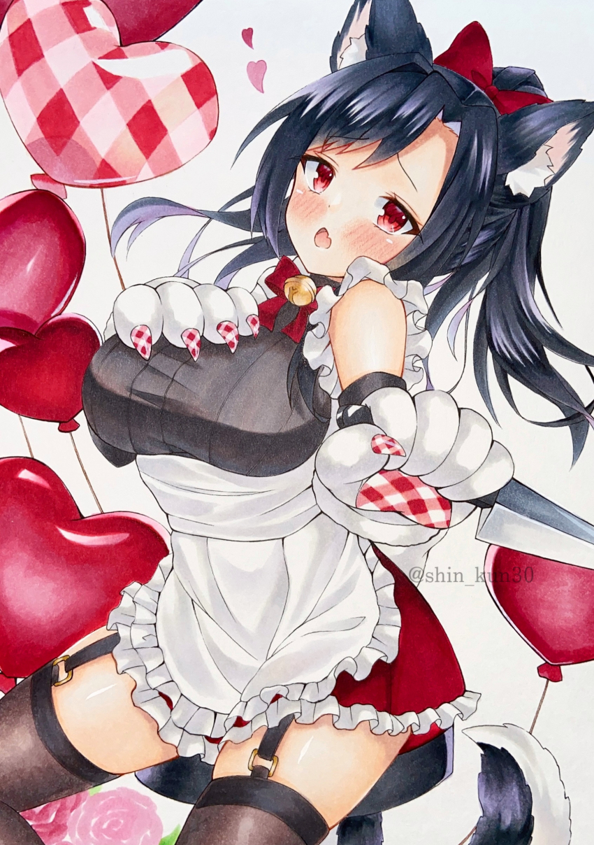 1girl, absurdres, animal_ears, animal_hands, azur_lane, balloon, black_garter_straps, black_hair