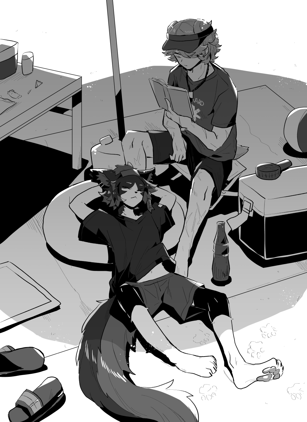 2boys, aak_(arknights), animal_ears, animal_hands, arknights, ball, beach, beach_umbrella