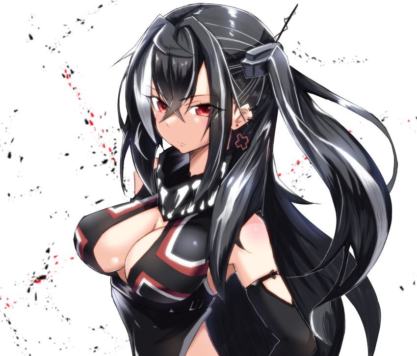 1girl, azur_lane, black_hair, black_one-piece_swimsuit, breasts, center_opening, cross, cross_earrings