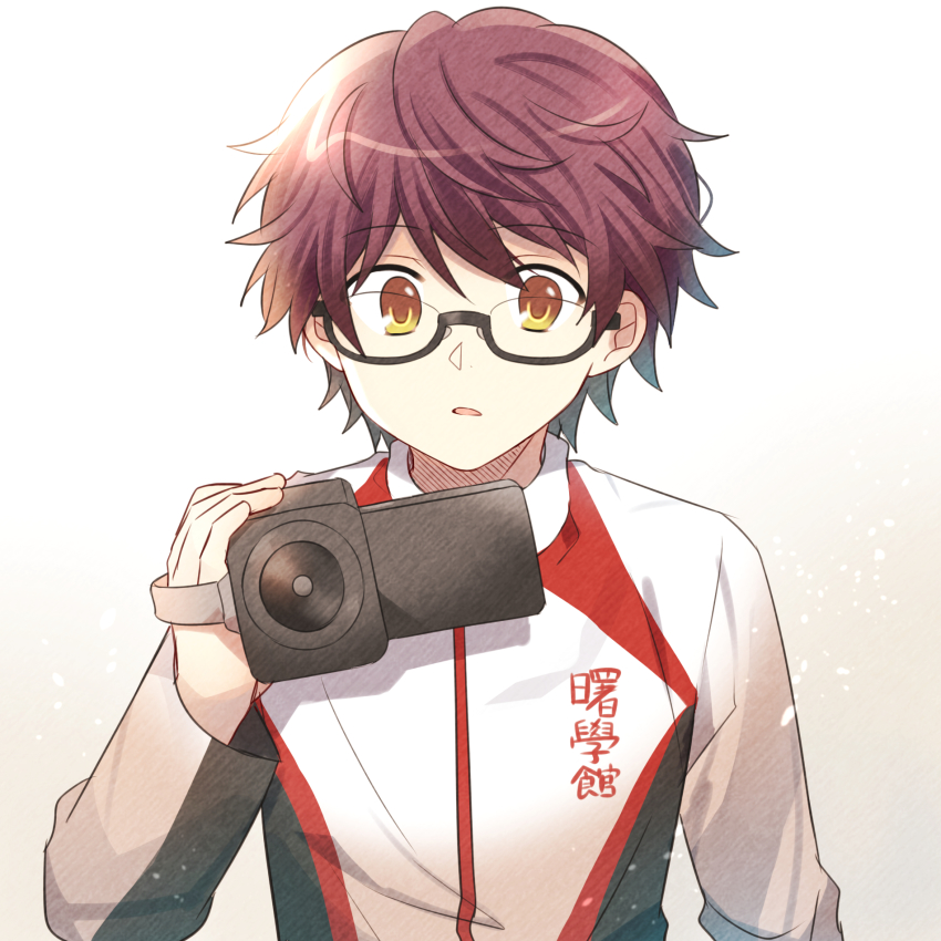 1boy, brown_eyes, brown_hair, camera, recording, glasses, highres, holding