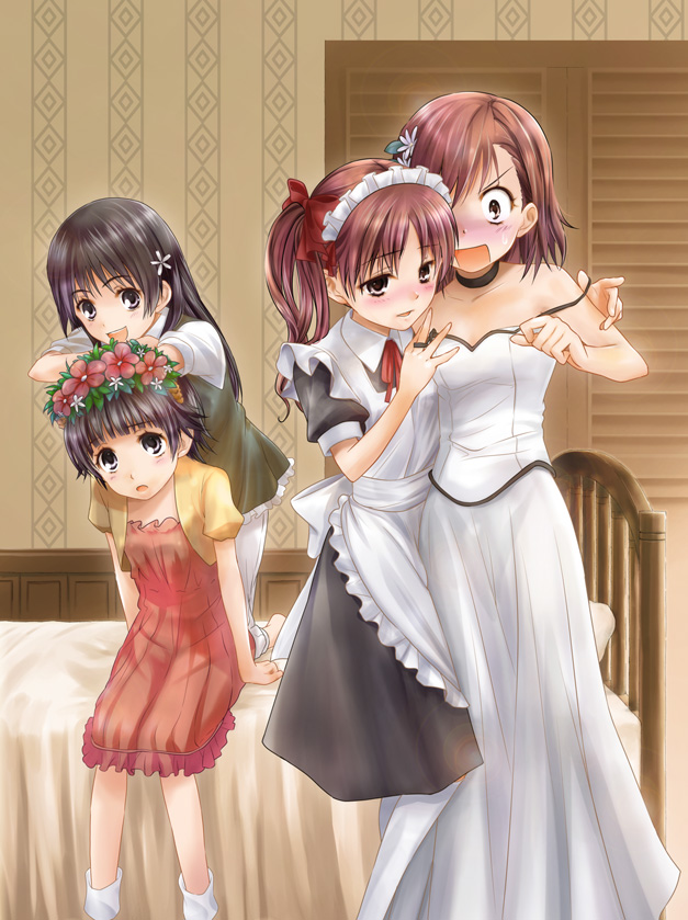 4girls, alternate_costume, bad_id, bad_pixiv_id, bed, black_hair, blush, brown_eyes, brown_hair, casual, dress, enmaided, flower, hair_flower, hair_ornament, head_wreath, iizuka_ena, long_hair, maid, misaka_mikoto, multiple_girls, saten_ruiko, shirai_kuroko, short_hair, strap_slip, surprised, toaru_kagaku_no_railgun, toaru_majutsu_no_index, twintails, uiharu_kazari, wedding_dress, yuri