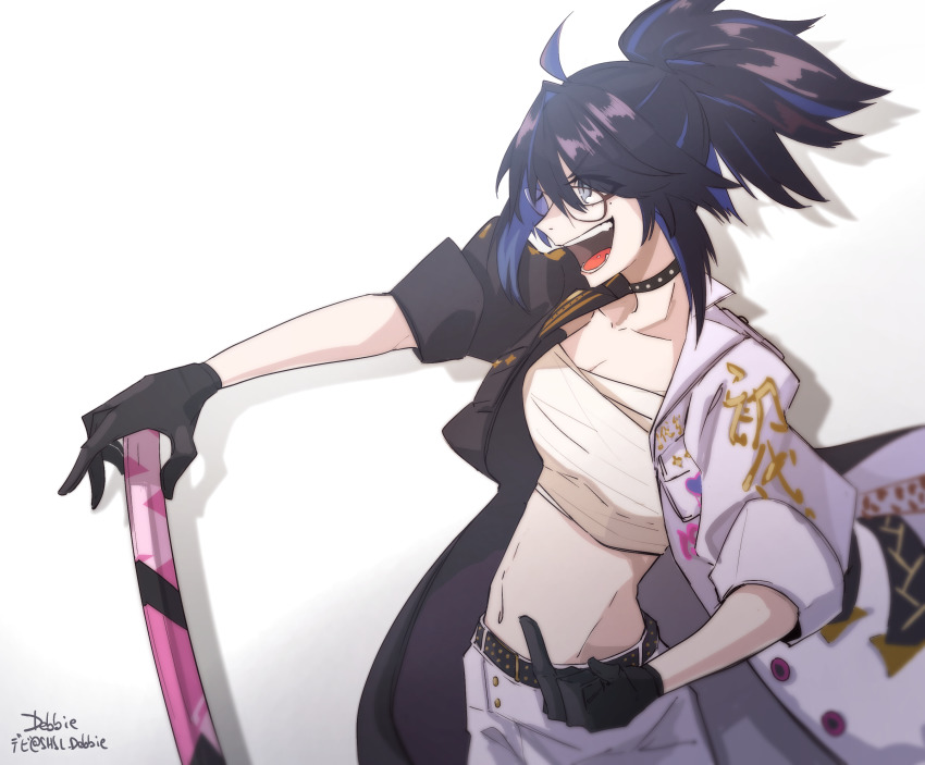 1girl, absurdres, belt, black_choker, black_gloves, black_hair, blue_eyes, blue_hair, choker, coat, collarbone, cowboy_shot, debbie_(user_uapu3455), glasses, gloves, highres, indie_virtual_youtuber, kson, laughing, middle_finger, midriff, mole, mole_under_eye, multicolored_coat, multicolored_hair, navel, open_clothes, open_coat, open_mouth, ponytail, sarashi, signature, simple_background, slit_pupils, solo, souchou, teeth, two-tone_coat, two-tone_hair, virtual_youtuber, weapon, white_background, white_legwear