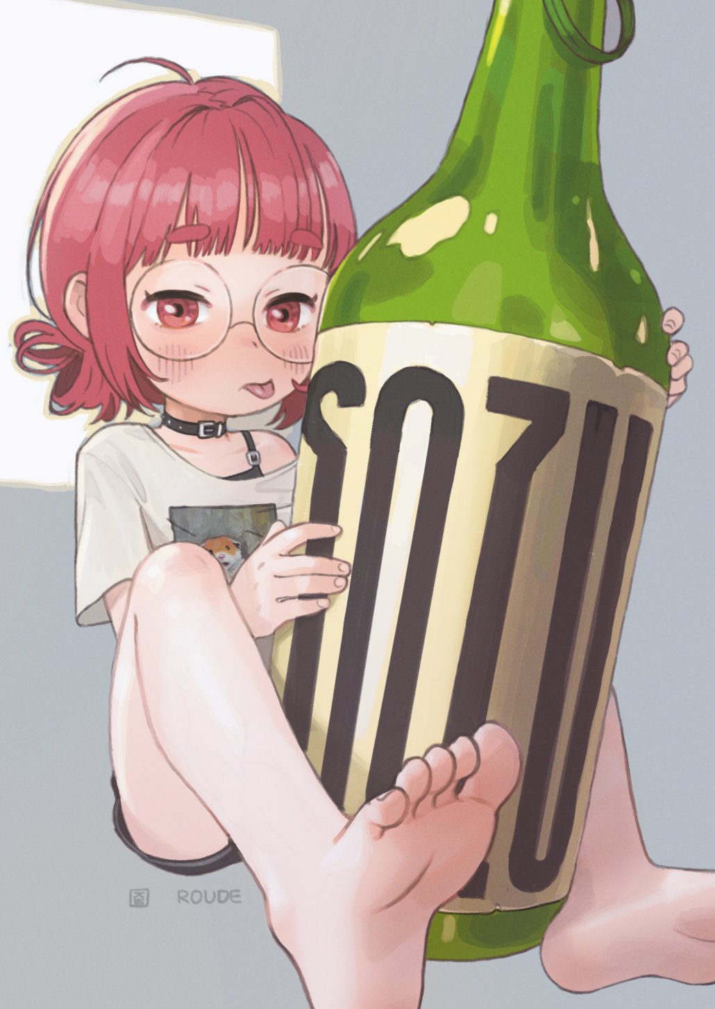 1girl, ahoge, alcohol, bare_legs, barefoot, black_shorts, blush, borrowed_character, bottle, choker, feet, female_focus, foot_focus, glass_bottle, glasses, highres, original, oversized_object, pink_hair, possummachine, round_eyewear, shirt, short_shorts, shorts, single_bare_shoulder, sitting, soju, soles, solo, t-shirt, thick_eyebrows, toes, tongue, tongue_out, white_shirt