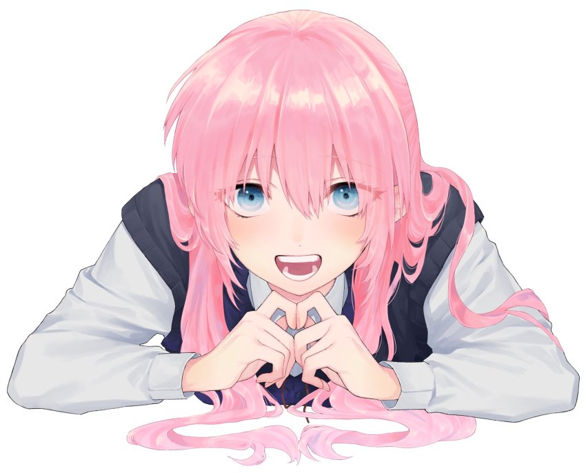 1girl, black_vest, blue_eyes, collared_shirt, dress_shirt, hair_between_eyes, highres, kawaii_dake_ja_nai_shikimori-san, light_blush, long_hair, looking_at_viewer, lying, maki_keigo, on_stomach, open_mouth, pink_hair, shikimori_miyako, shirt, simple_background, solo, sweater_vest, teeth, vest, white_background, white_shirt, wing_collar