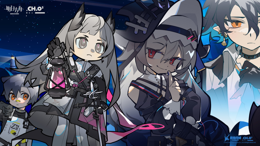 2boys, 2girls, arknights, black_hair, earrings, grey_eyes, grey_hair, hat