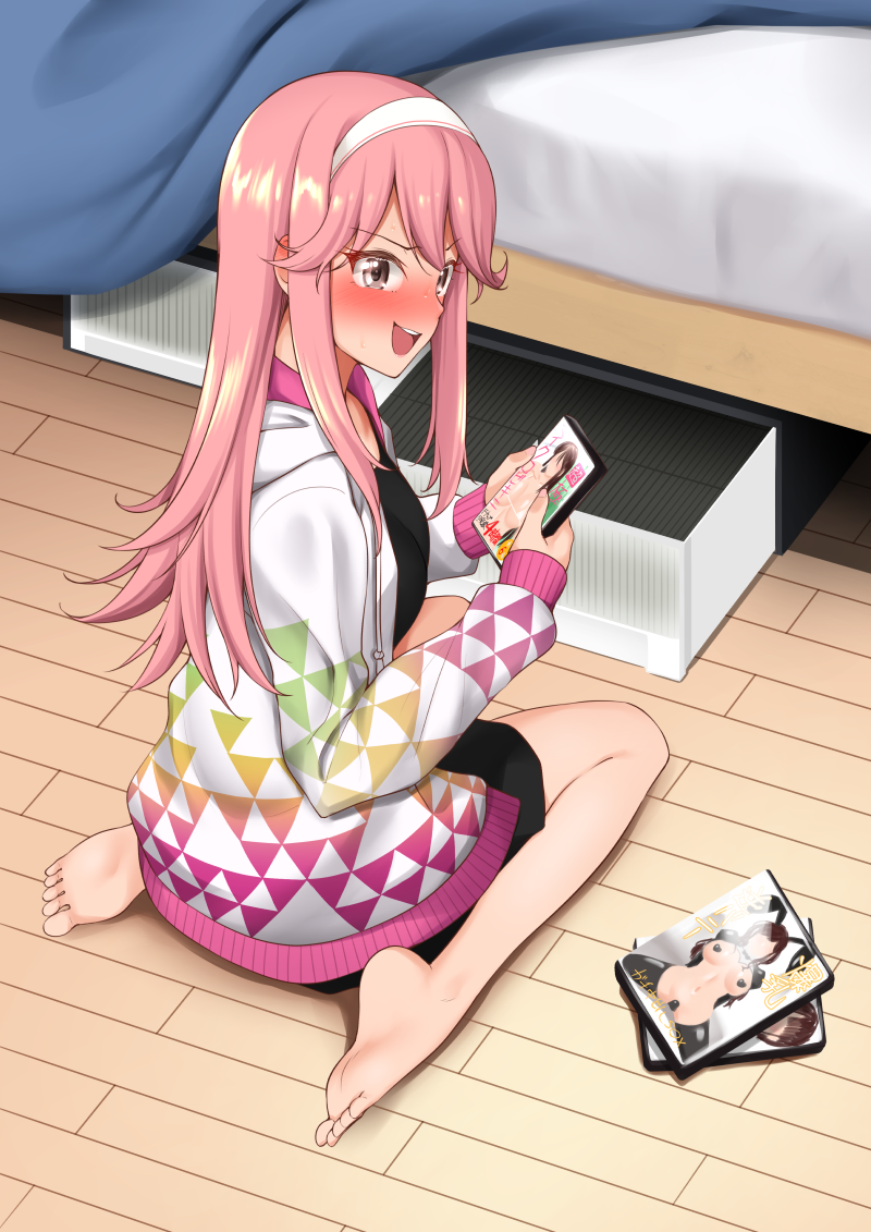 1girl, bed, bedroom, black_dress, blush, commentary_request, dream_c_club, dream_c_club_(series), dream_c_club_gogo., dress, dvd_case, ear_blush, feet, from_behind, grey_eyes, hairband, hisakabe_oto, jacket, long_hair, looking_at_viewer, looking_back, noko_(dream_c_club_gogo.), nose_blush, open_mouth, pink_hair, pornography, reverse_bunnysuit, reverse_outfit, sitting, skirt, solo, thighs, wariza, white_hairband, wooden_floor