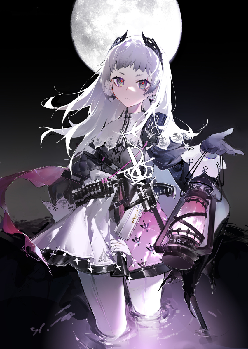 1girl, arknights, auuuie, black_gloves, black_jacket, closed_mouth, earrings, full_moon